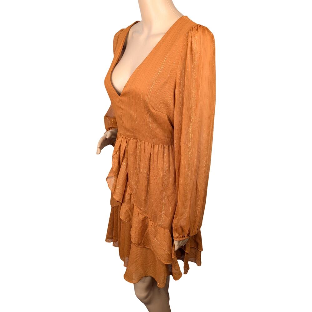 Showpo Burnt Orange Metallic V-neck Long Sleeve Ruffled Mini Party Dress SZ 12 - Picture 4 of 8